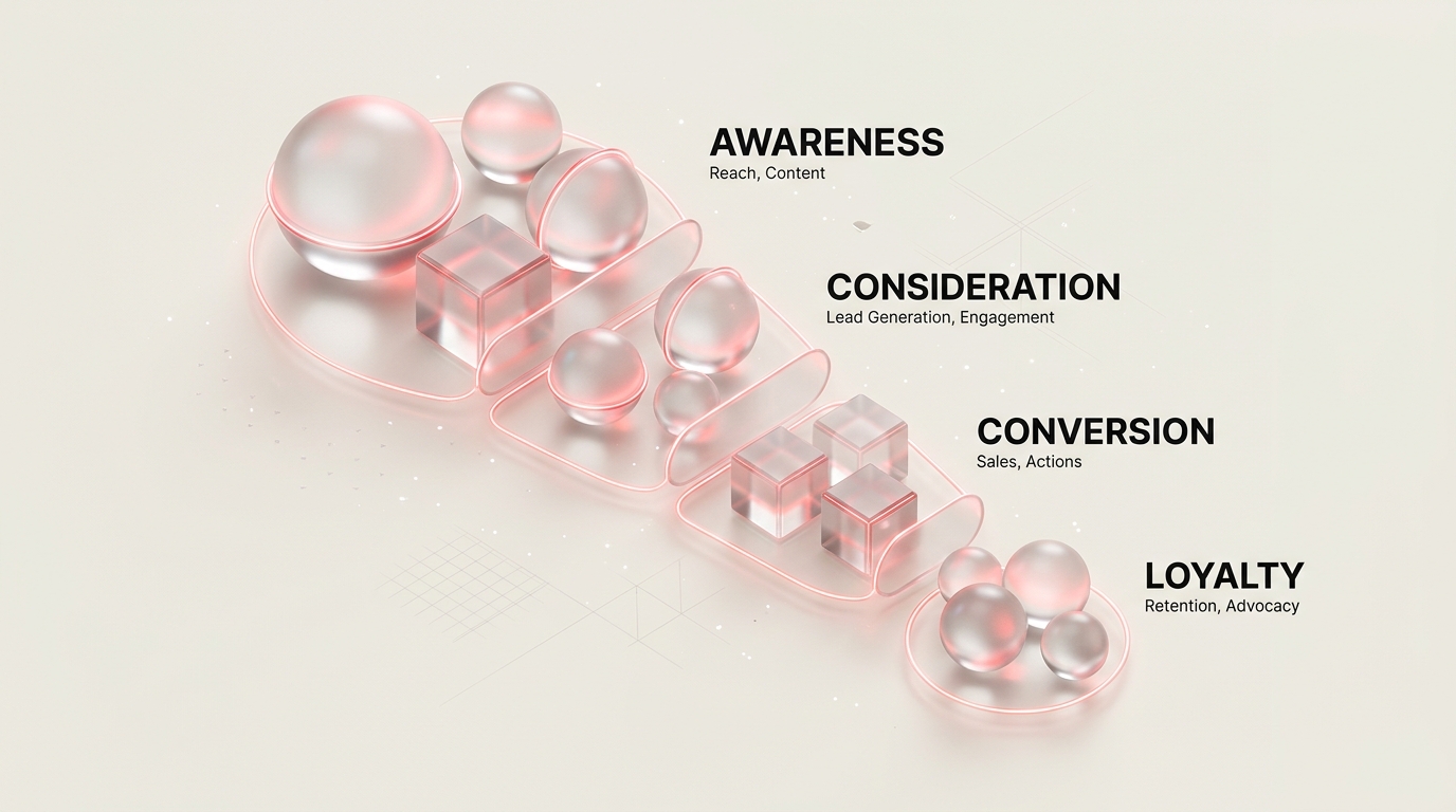 Diagrama do Funil de Marketing Científico: Awareness, Consideration, Conversion, Loyalty